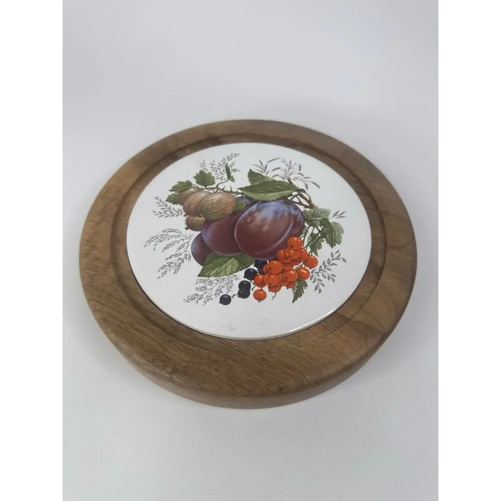 Vintage Wood & Glass Cheese Dome Cloche Set Plums Figs Cranberry Ceramic Insert